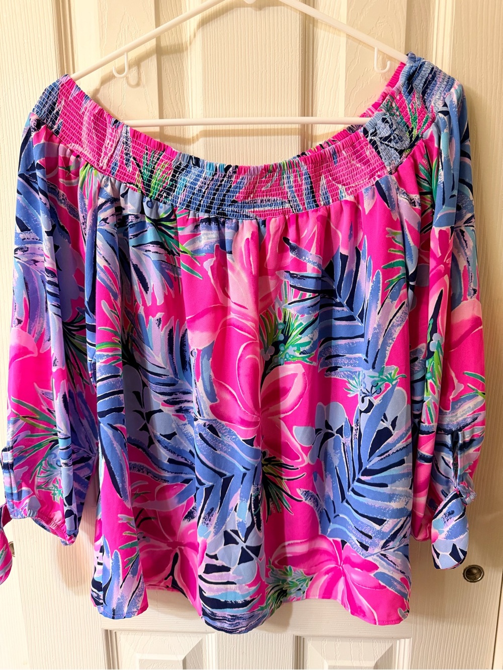 Lilly Pulitzer Pink & Blue Tropical Off-Shoulder Blouse